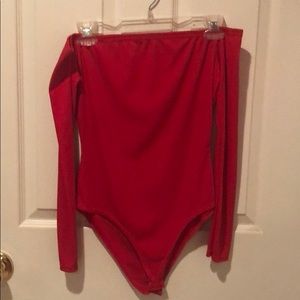 red off the shoulder bodysuit